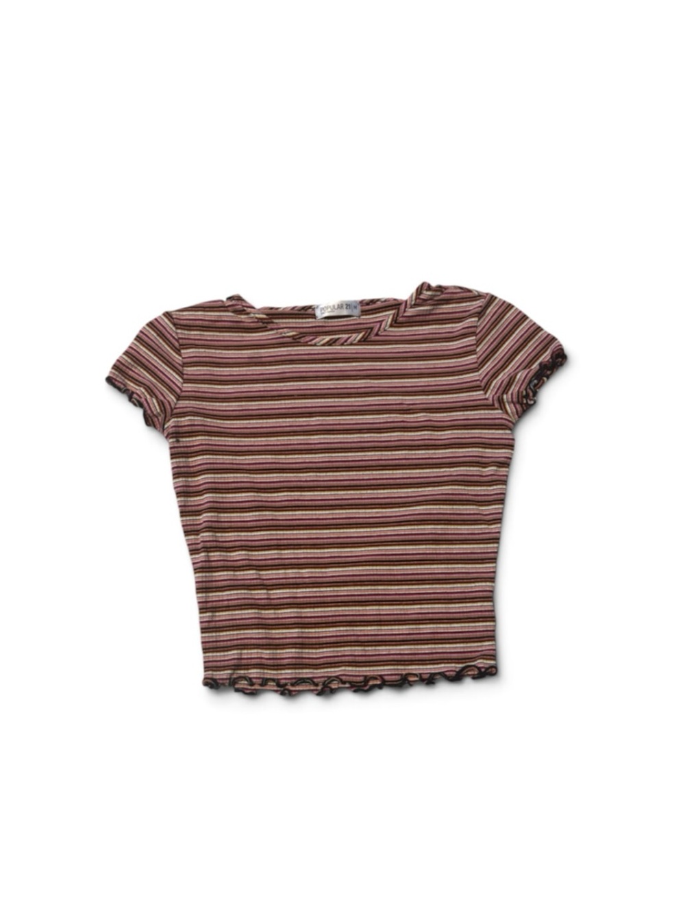 Popular 21 brand Striped Short Sleeve Ruffle-Hem Tee - Pink & Brown Size M